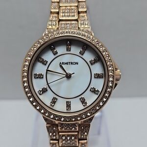 Womens Armitron Crystal Rose Gold Tone Watch MOP Dial New Battery 32mm 75/5317